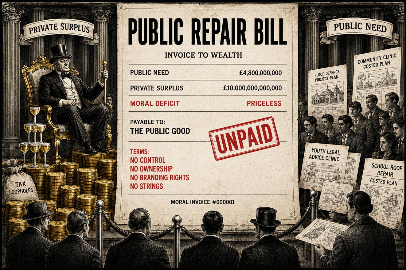 The Public Repair Bill: an invoice to wealth, marked unpaid, dividing private surplus from notices of unmet public need.