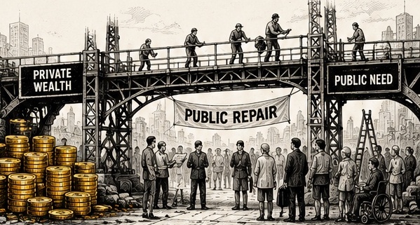 A satirical bridge between private wealth and public need, with public repair in the centre.